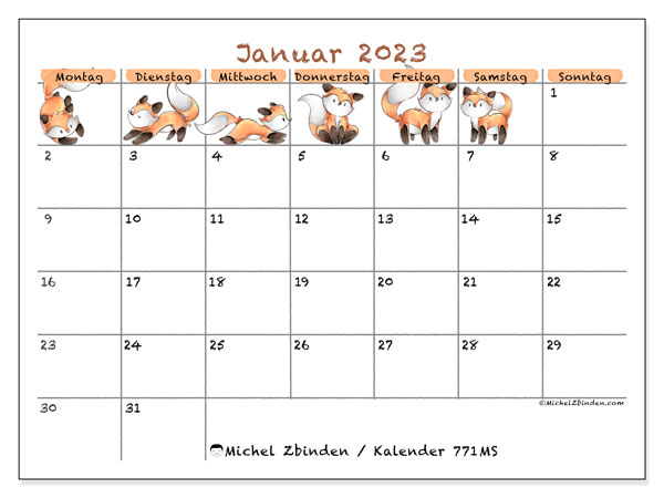 771MS, Kalender Januar 2023, zum Ausdrucken, kostenlos.