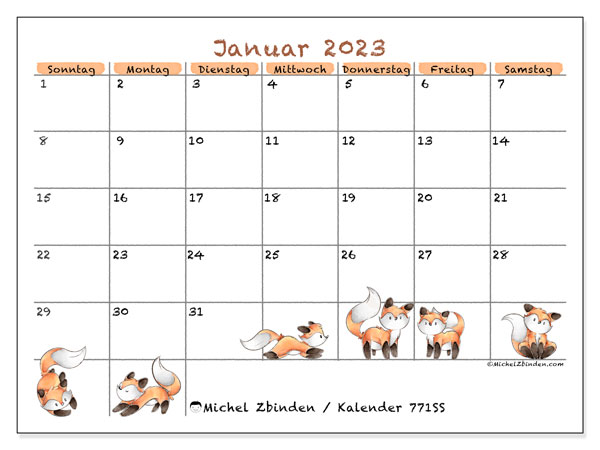Kalender zum Ausdrucken, Januar 2023, 771SS