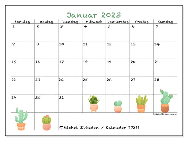 772SS-Kalender, Januar 2023, zum Ausdrucken, kostenlos. Kostenloser druckbarer Terminplan