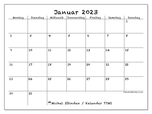 Kalender Januar 2023 zum ausdrucken. Monatskalender “77MS” und kostenlos ausdruckbare Zeitplan
