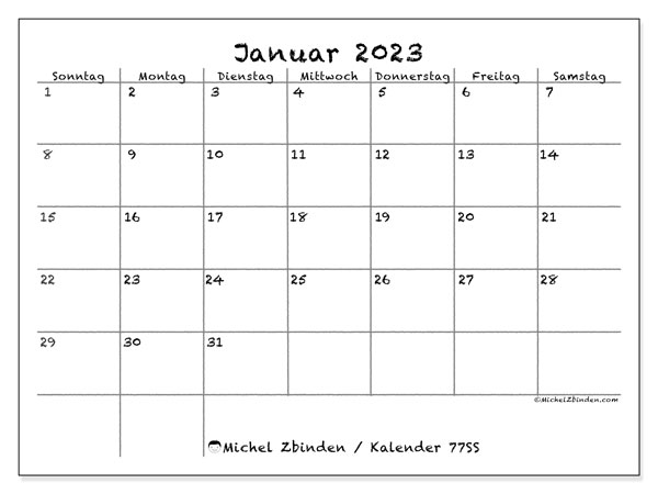 Kalender zum Ausdrucken, Januar 2023, 77SS