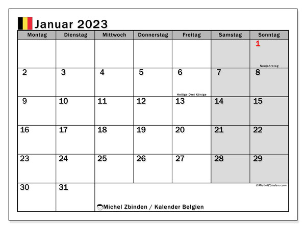 Kalender zum Ausdrucken, Januar 2023, Belgien