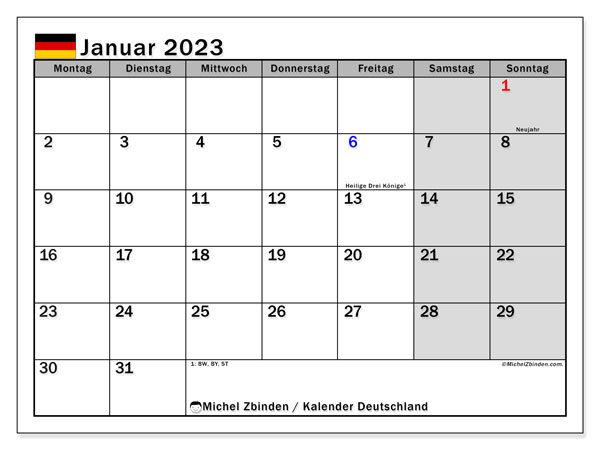 Deutschland, Kalender Januar 2023, zum Ausdrucken, kostenlos.
