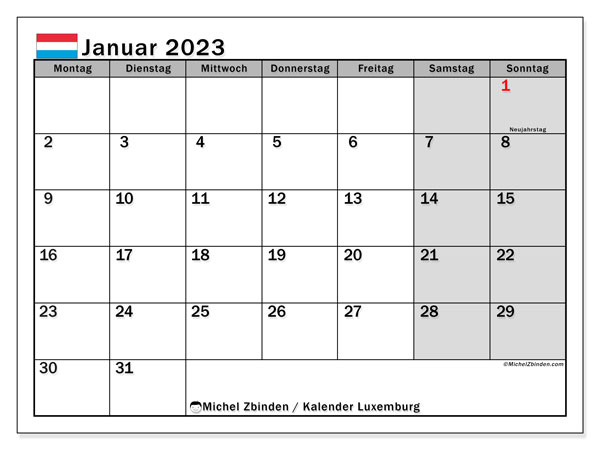 Kalender “Luxemburg” zum ausdrucken, mit Feiertagen. Monatskalender Januar 2023 und Planung zum kostenlosen ausdrucken.