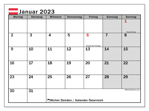 Kalender “Österreich” zum ausdrucken, mit Feiertagen. Monatskalender Januar 2023 und Zeitplan zum kostenlosen ausdrucken.