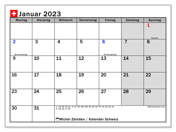 Schweiz, Kalender Januar 2023, zum Ausdrucken, kostenlos.