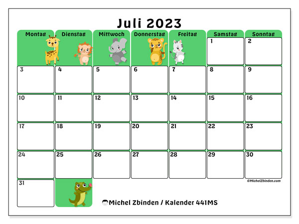 Kalender Juli 2023 “441”. Kalender zum Ausdrucken kostenlos.. Montag bis Sonntag