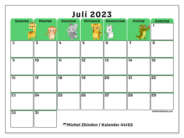 Kalender Juli 2023 “441”. Kalender zum Ausdrucken kostenlos.. Sonntag bis Samstag