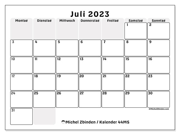 Kalender Juli 2023, 44MS. Programm zum Ausdrucken kostenlos.