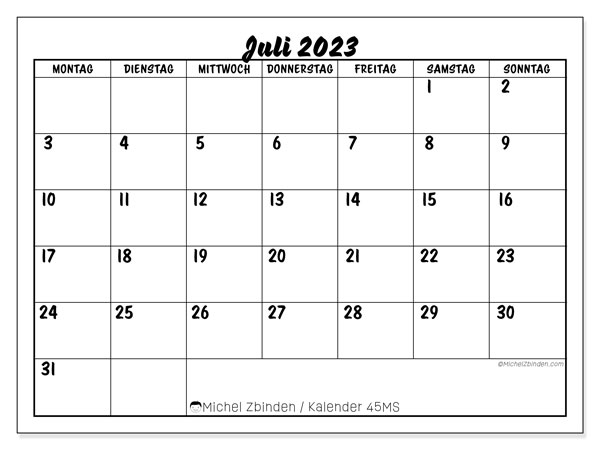 45MS, Kalender Juli 2023, zum Ausdrucken, kostenlos.