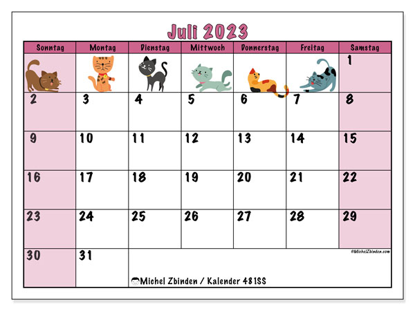 Kalender Juli 2023 “481”. Plan zum Ausdrucken kostenlos.. Sonntag bis Samstag