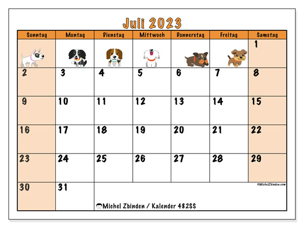 Kalender Juli 2023, 482SS. Kalender zum Ausdrucken kostenlos.
