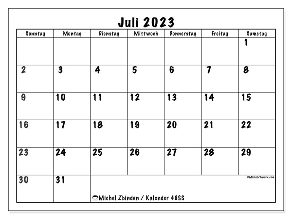 Kalender Juli 2023, 48SS. Kalender zum Ausdrucken kostenlos.