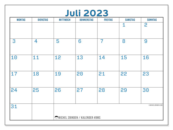 49MS-Kalender, Juli 2023, zum Ausdrucken, kostenlos. Kostenloser druckbarer Terminkalender