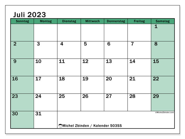 Kalender Juli 2023 zum ausdrucken. Monatskalender “503SS” und kostenloser Zeitplan zum ausdrucken