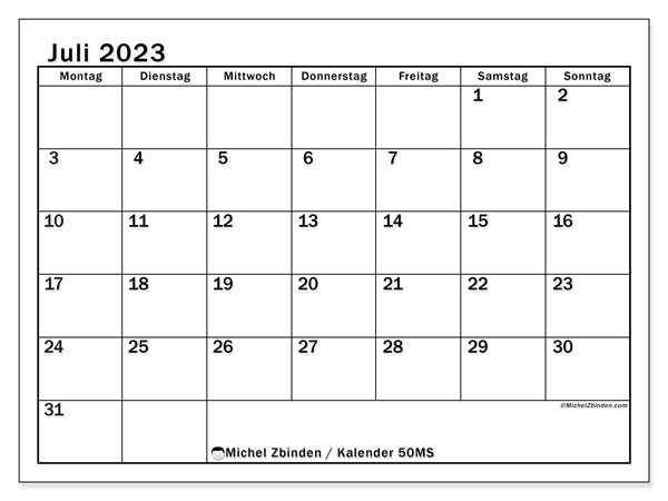 Kalender Juli 2023 “50”. Plan zum Ausdrucken kostenlos.. Montag bis Sonntag