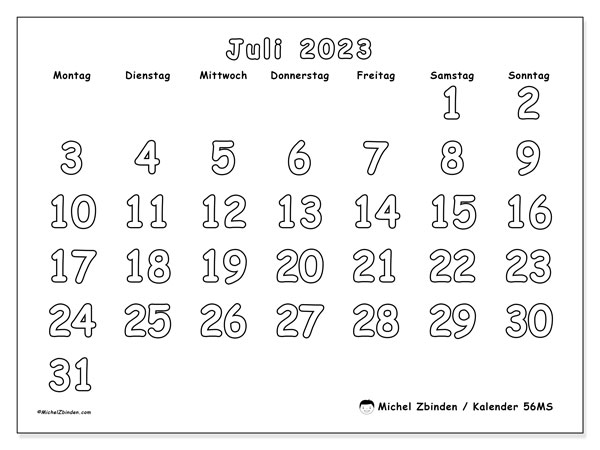 56MS, Kalender Juli 2023, zum Ausdrucken, kostenlos.