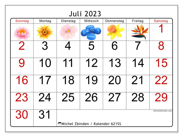 Kalender zum Ausdrucken, Juli 2023, 621SS