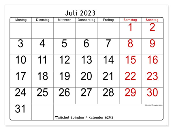 Kalender Juli 2023 zum ausdrucken. Monatskalender “62MS” und Planer zum kostenlosen ausdrucken
