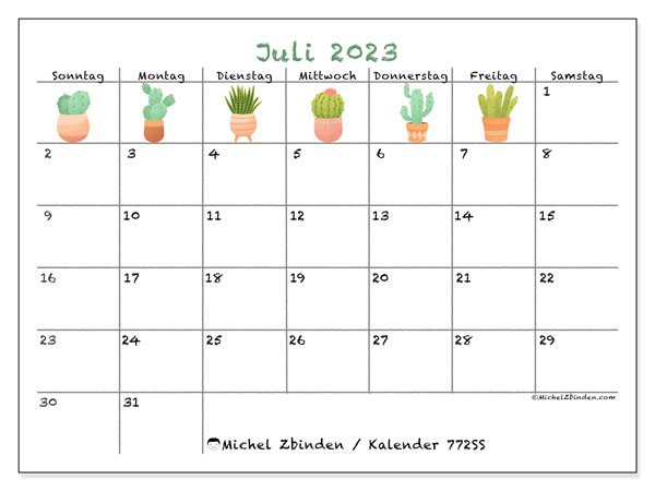 Kalender zum Ausdrucken, Juli 2023, 772SS