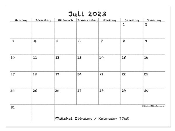 Kalender Juli 2023 zum ausdrucken. Monatskalender “77MS” und Planung zum kostenlosen ausdrucken