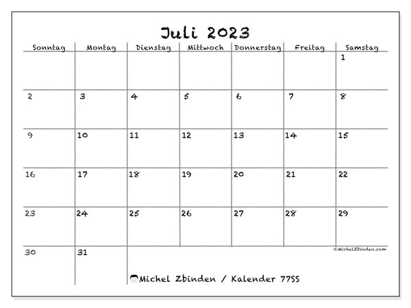 Kalender Juli 2023 “77”. Kalender zum Ausdrucken kostenlos.. Sonntag bis Samstag