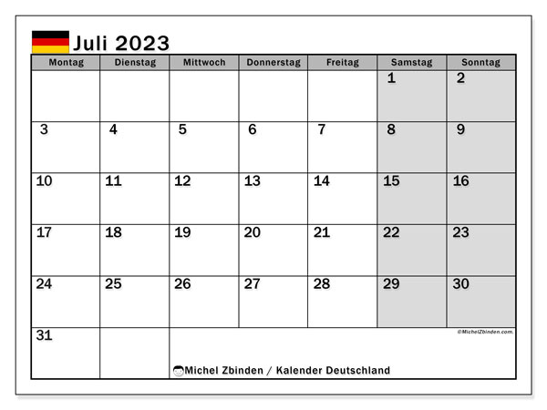 Kalendarz lipiec 2023, Niemcy (DE). Darmowy plan do druku.