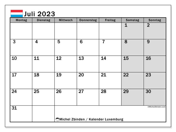 Kalendarz lipiec 2023, Luksemburg (DE). Darmowy plan do druku.