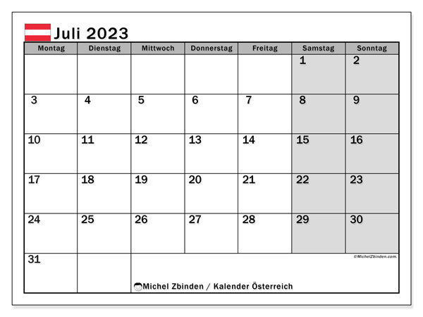 Kalender juli 2023, Österrike (DE). Gratis kalender som kan skrivas ut.