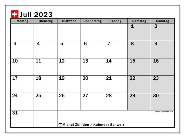 Kalender juli 2023, Schweiz (DE). Gratis kalender som kan skrivas ut.