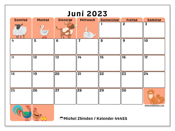 Kalender Juni 2023 “444”. Kalender zum Ausdrucken kostenlos.. Sonntag bis Samstag