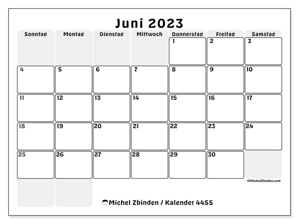 Kalender Juni 2023 “44”. Programm zum Ausdrucken kostenlos.. Sonntag bis Samstag