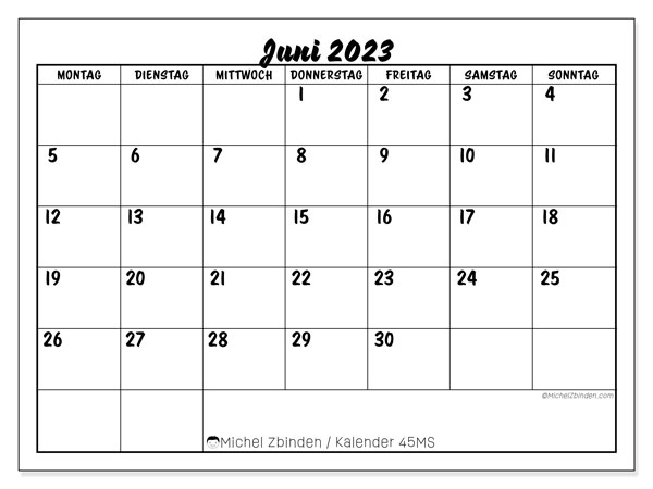 Kalender Juni 2023, 45MS. Plan zum Ausdrucken kostenlos.