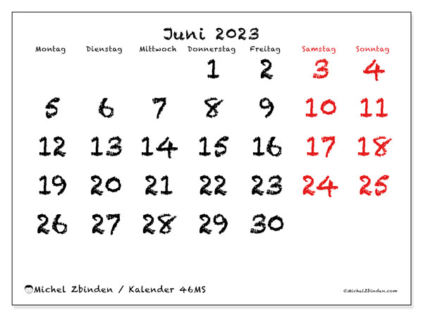 Kalender Juni 2023 “46”. Programm zum Ausdrucken kostenlos.. Montag bis Sonntag