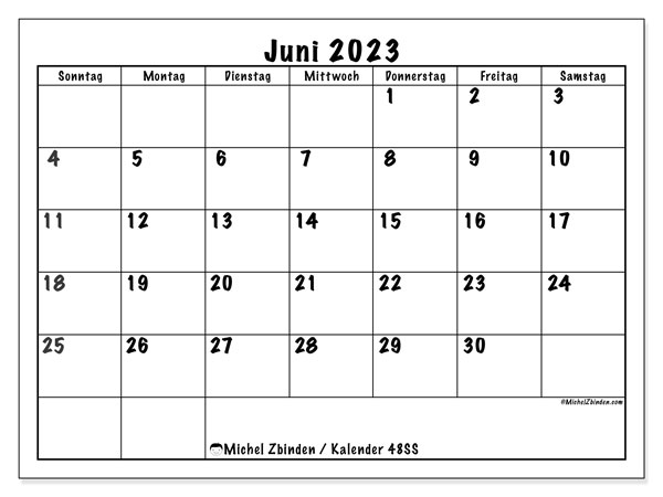 Kalender Juni 2023, 48SS. Kalender zum Ausdrucken kostenlos.