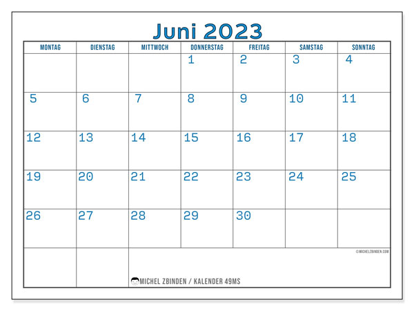 49MS-Kalender, Juni 2023, zum Ausdrucken, kostenlos. Kostenlos ausdruckbarer Terminkalender