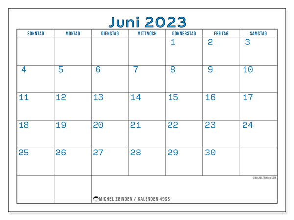 Kalender Juni 2023, 49SS. Plan zum Ausdrucken kostenlos.