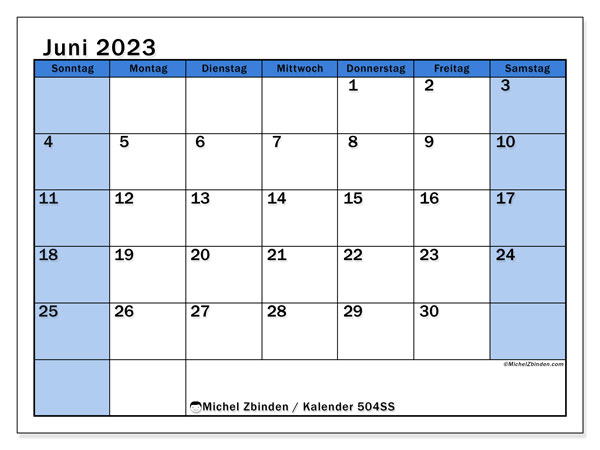 Kalender zum Ausdrucken, Juni 2023, 504SS