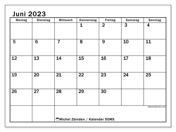 Kalender Juni 2023 “50”. Programm zum Ausdrucken kostenlos.. Montag bis Sonntag