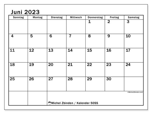 Kalender Juni 2023 “50”. Programm zum Ausdrucken kostenlos.. Sonntag bis Samstag
