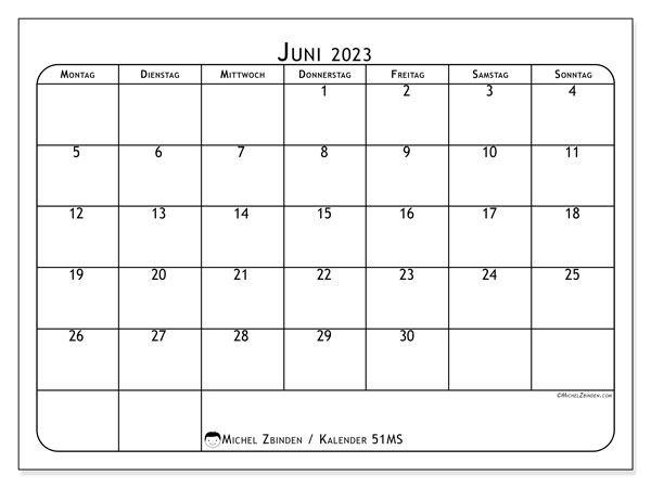 Kalender Juni 2023, 51MS. Plan zum Ausdrucken kostenlos.