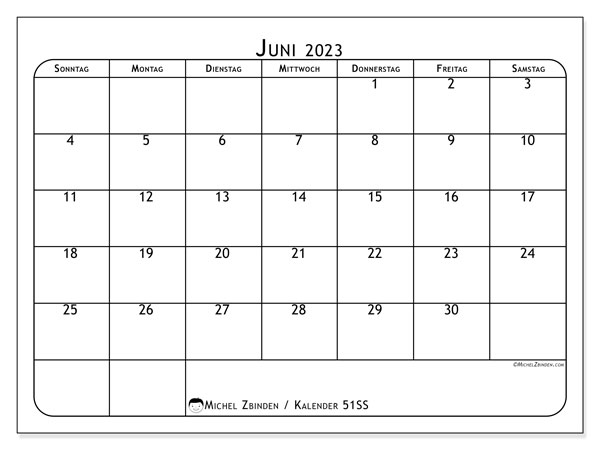 Kalender Juni 2023 “51”. Plan zum Ausdrucken kostenlos.. Sonntag bis Samstag