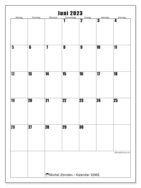 Kalender Juni 2023 “52”. Plan zum Ausdrucken kostenlos.. Montag bis Sonntag