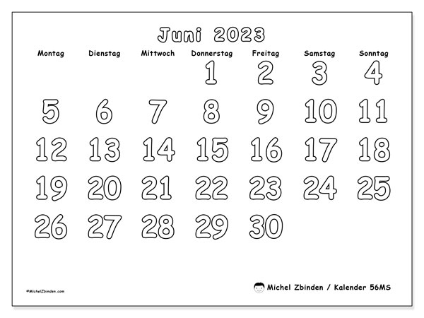 56MS, Kalender Juni 2023, zum Ausdrucken, kostenlos.