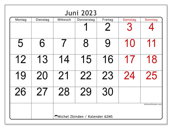 Kalender zum ausdrucken, Juni 2023, 62MS
