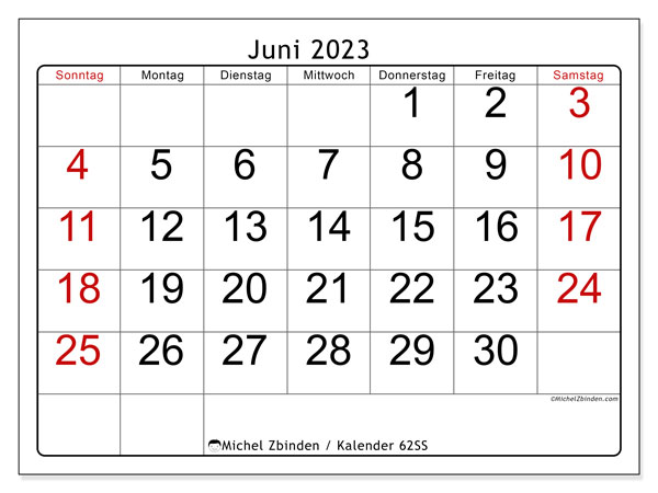 Kalender Juni 2023, 62SS. Kalender zum Ausdrucken kostenlos.