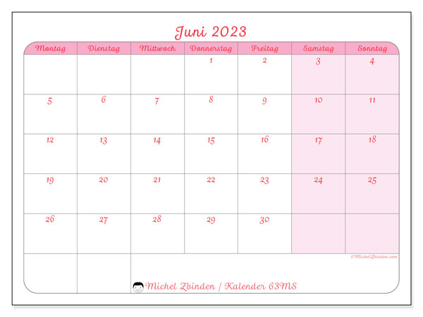 Kalender Juni 2023 zum ausdrucken. Monatskalender “63MS” und kostenloser Zeitplan zum ausdrucken