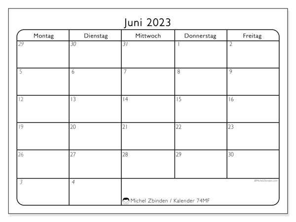 Kalender Juni 2023 “74”. Kalender zum Ausdrucken kostenlos.. Montag bis Freitag
