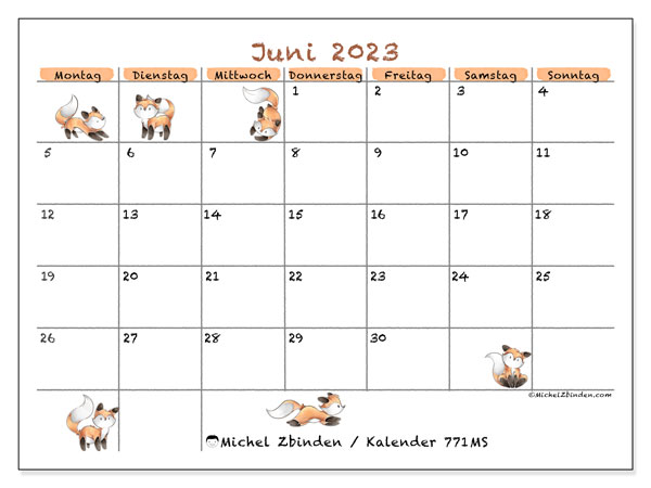 Kalender Juni 2023, 771MS. Kalender zum Ausdrucken kostenlos.