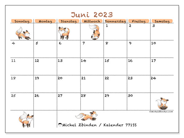 Kalender Juni 2023 “771”. Kalender zum Ausdrucken kostenlos.. Sonntag bis Samstag